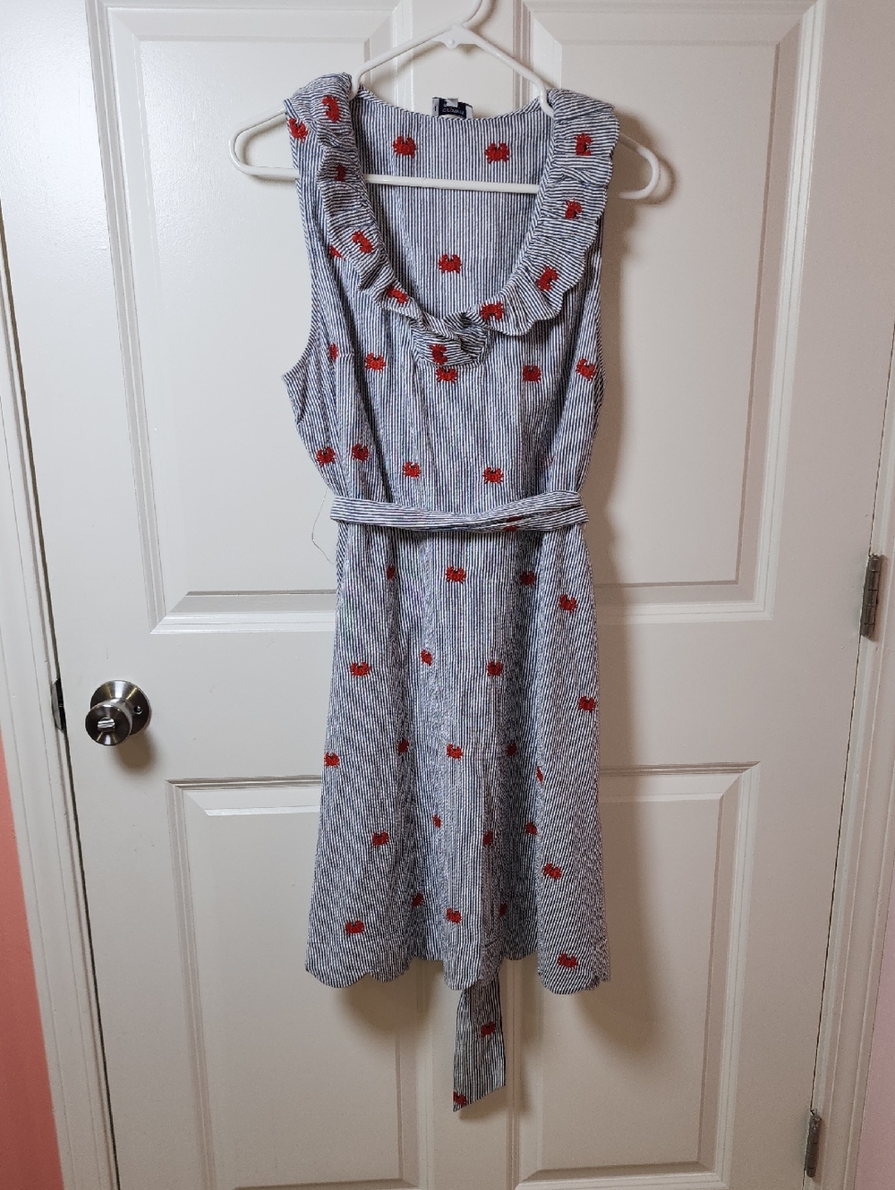 crown & ivy Blue and White Striped Dress with Red Crab Embroidery 100% Cotton
